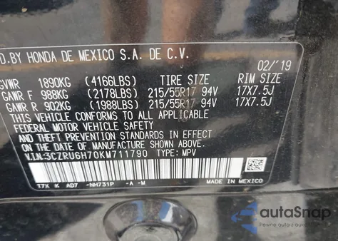 2019 Honda Hr-V Ex-L z USA, uszkodzony, nr VIN 3CZRU6H70KM711790